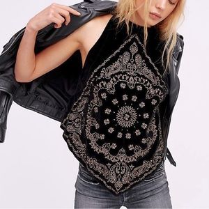 Free People Bandana Gold Embroidered Velvet Top